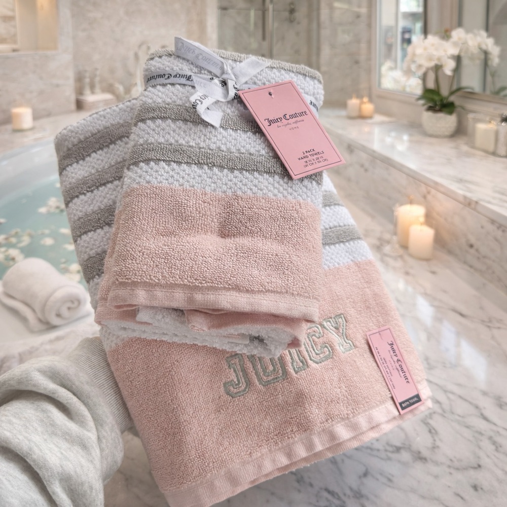 NWT Juicy Couture Pink Towel Set Bath Towel + 2 Hand Towels Spa Bathroom